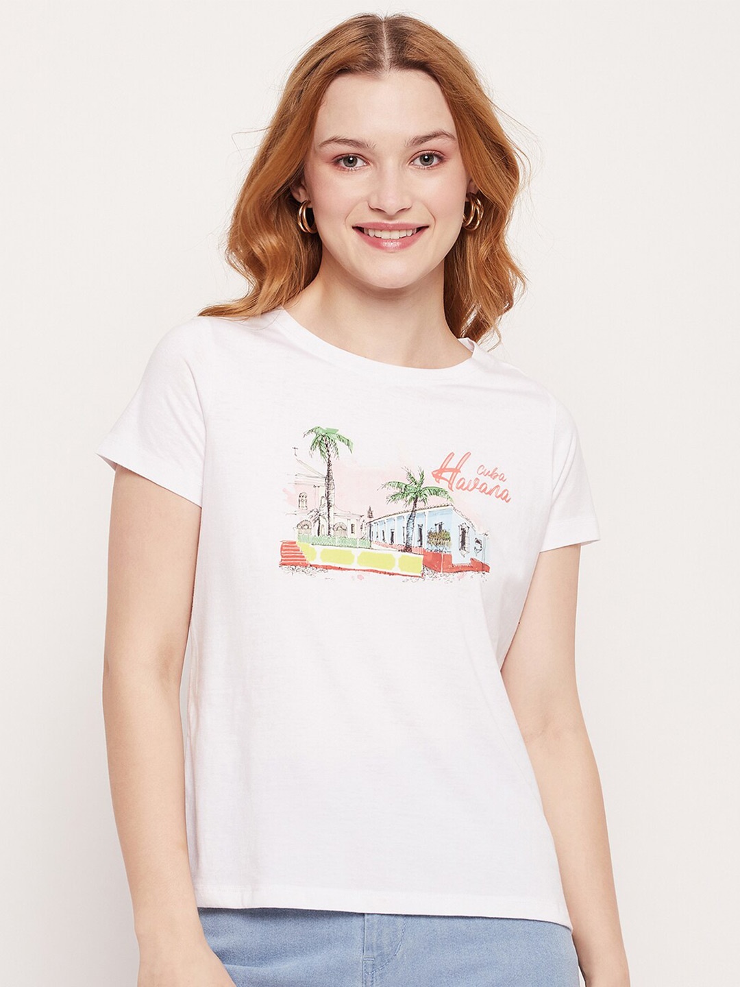 

Mast & Harbour Women White Typography Printed Pure Cotton T-shirt