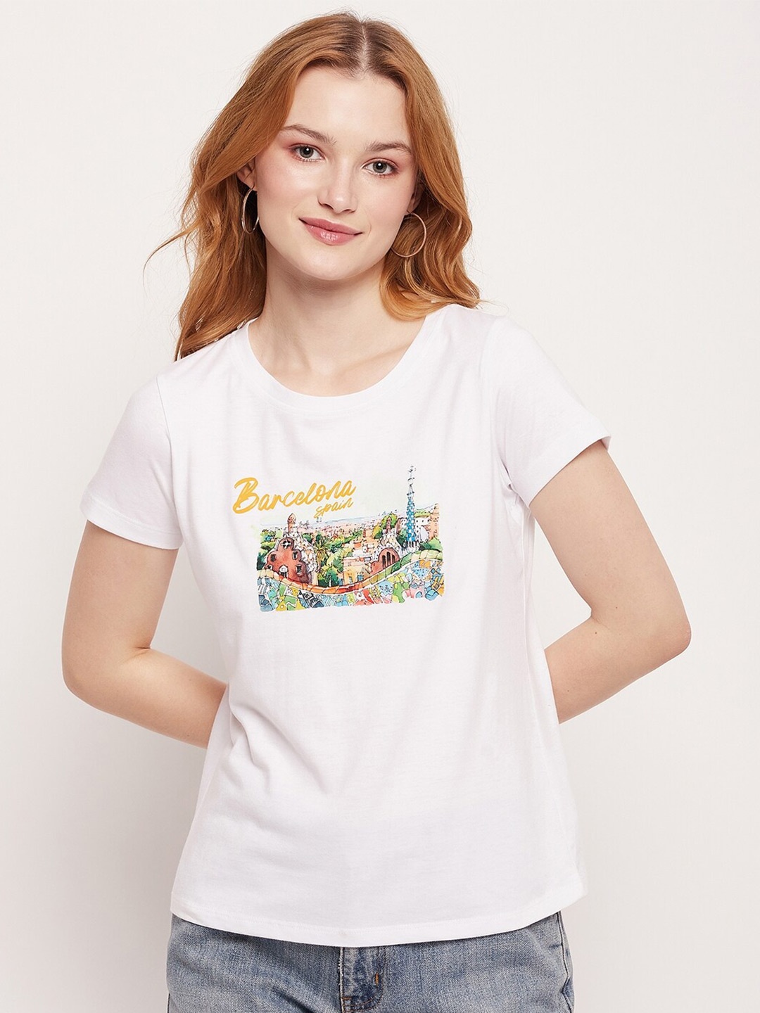 

Mast & Harbour Women White Printed Pure Cotton T-shirt