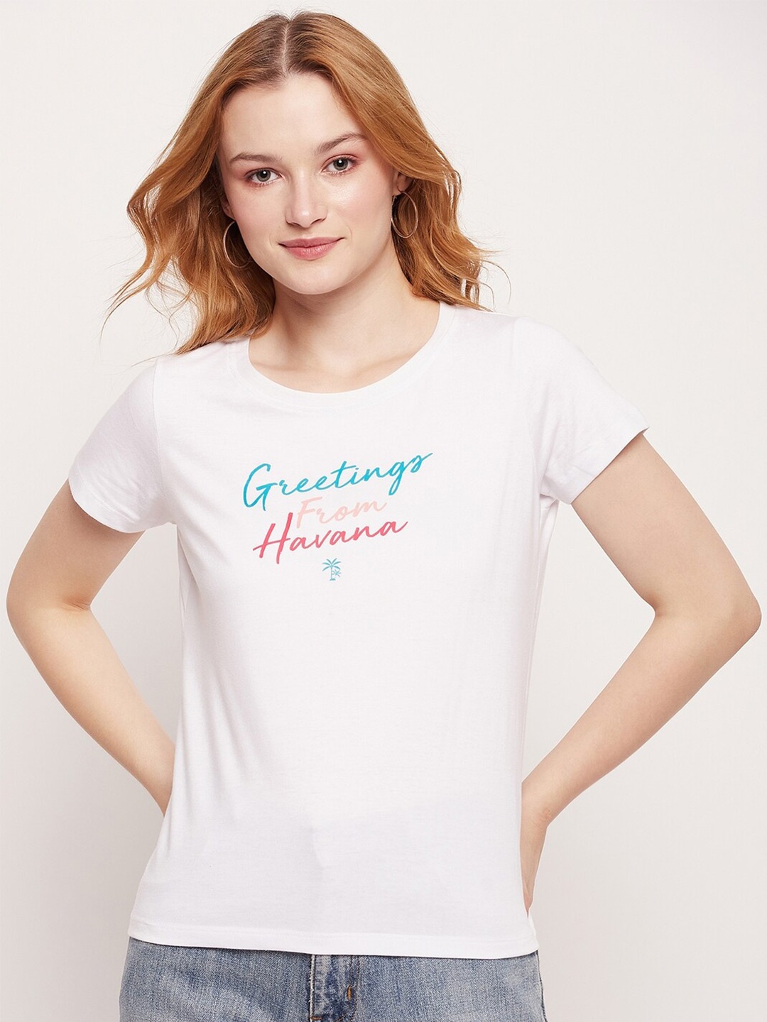 

Mast & Harbour Women White Typography Printed Pure Cotton T-shirt