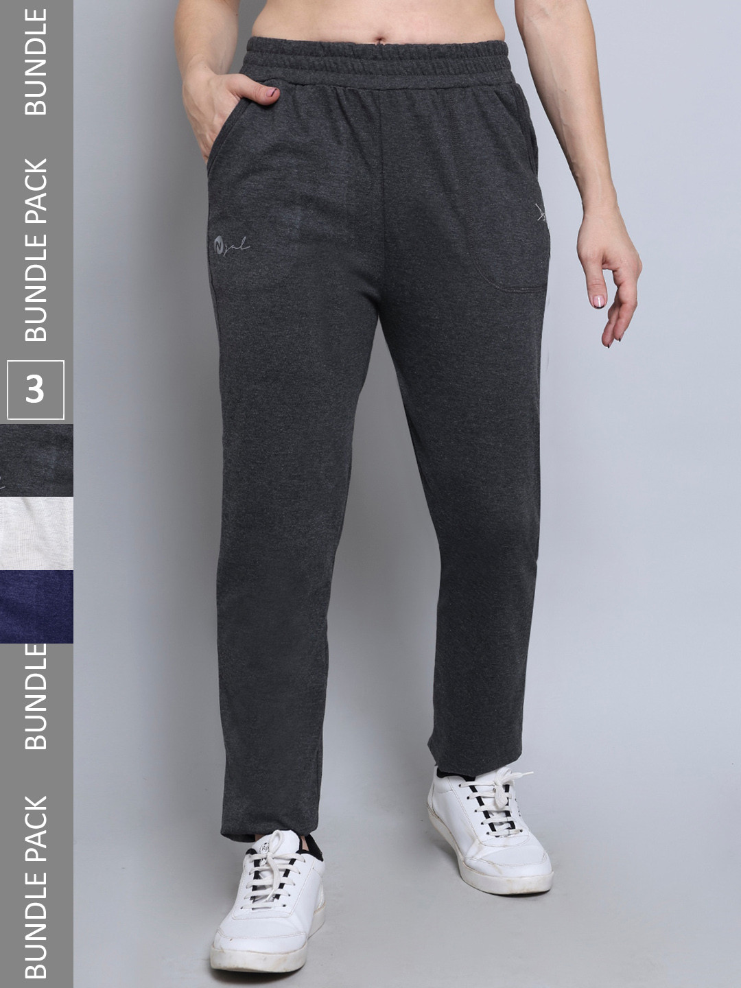 

N-Gal Women Pack Of 3 Soft Cotton Track Pants, Grey