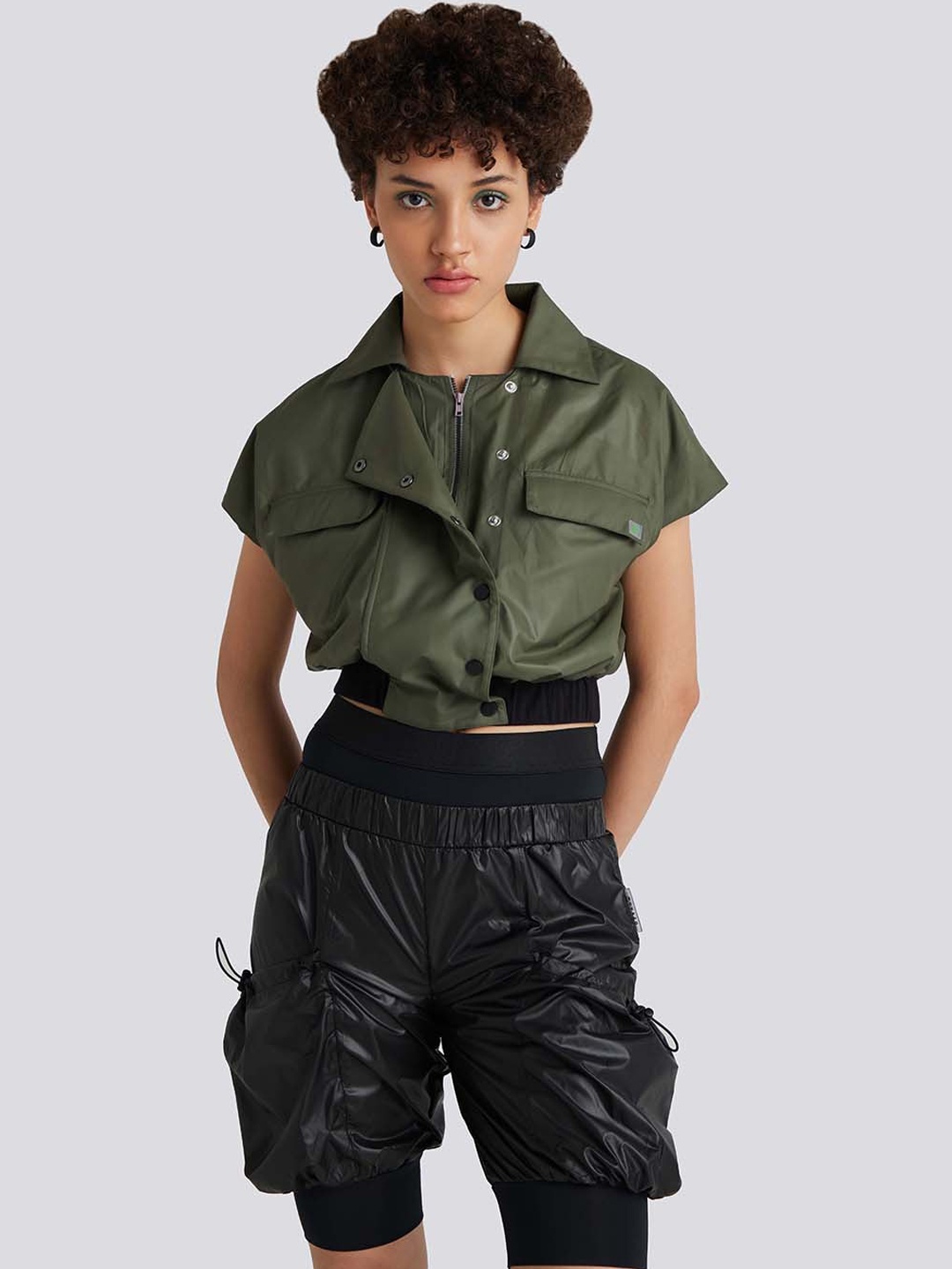 

Muvazo Lapel Collar Crop Biker Jacket, Olive