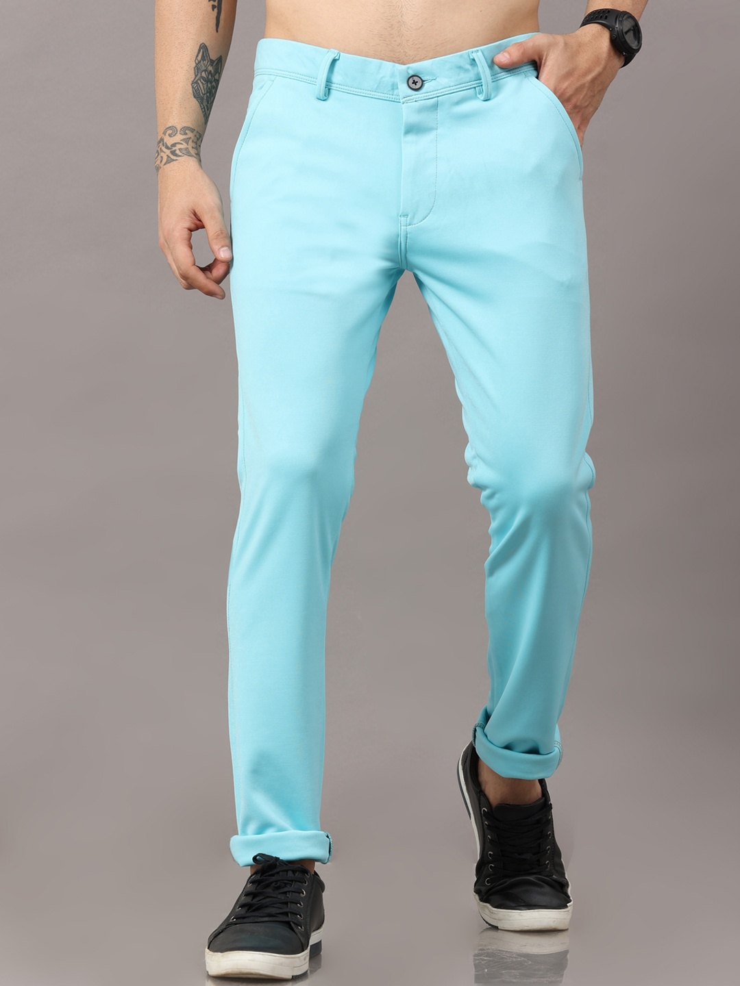 

CAZZBA Men Slim-Fit Lycra Trousers, Turquoise blue