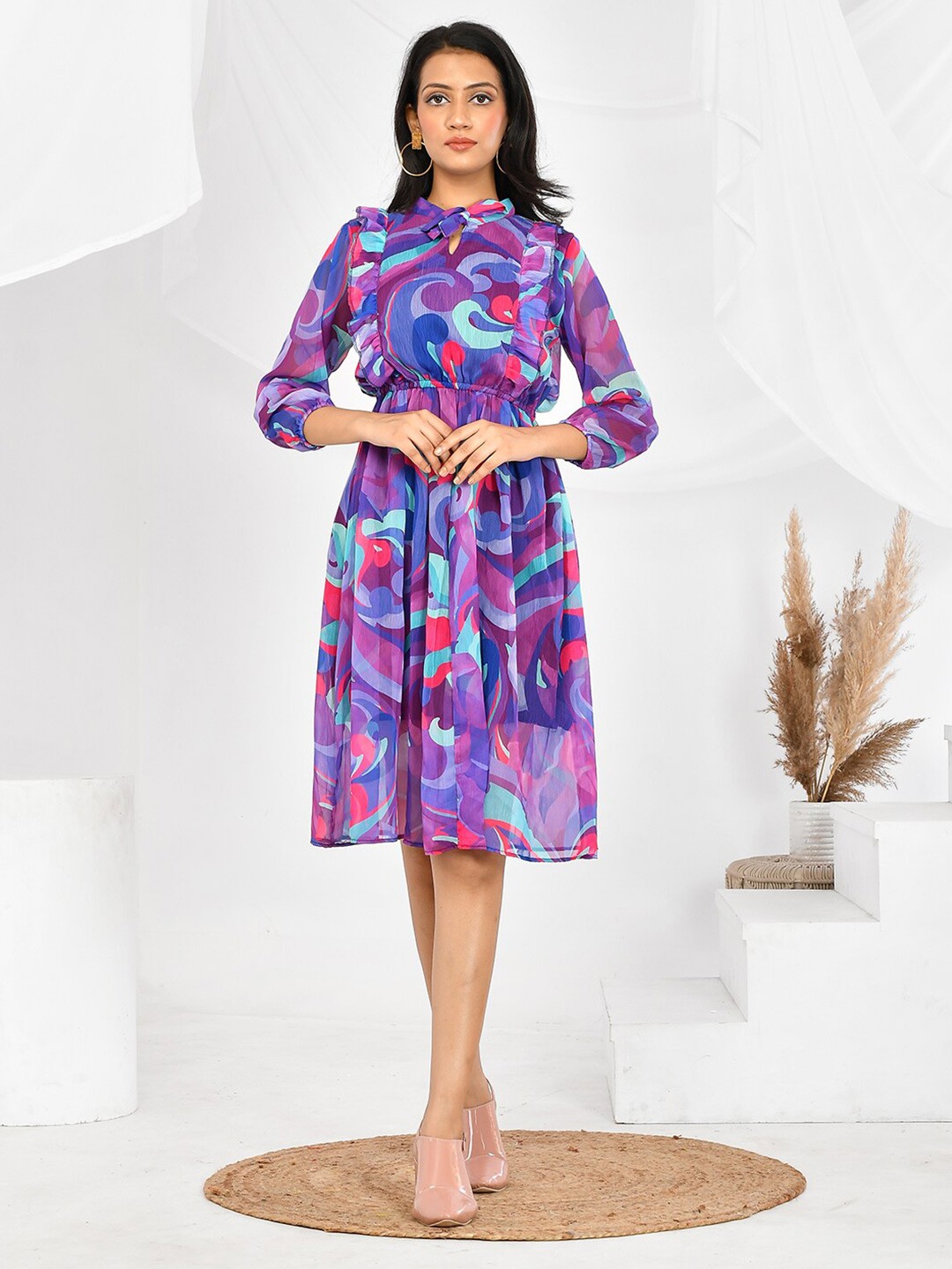 

BAESD Multicoloured Floral Print Bell Sleeve Georgette Fit & Flare Dress, Multi