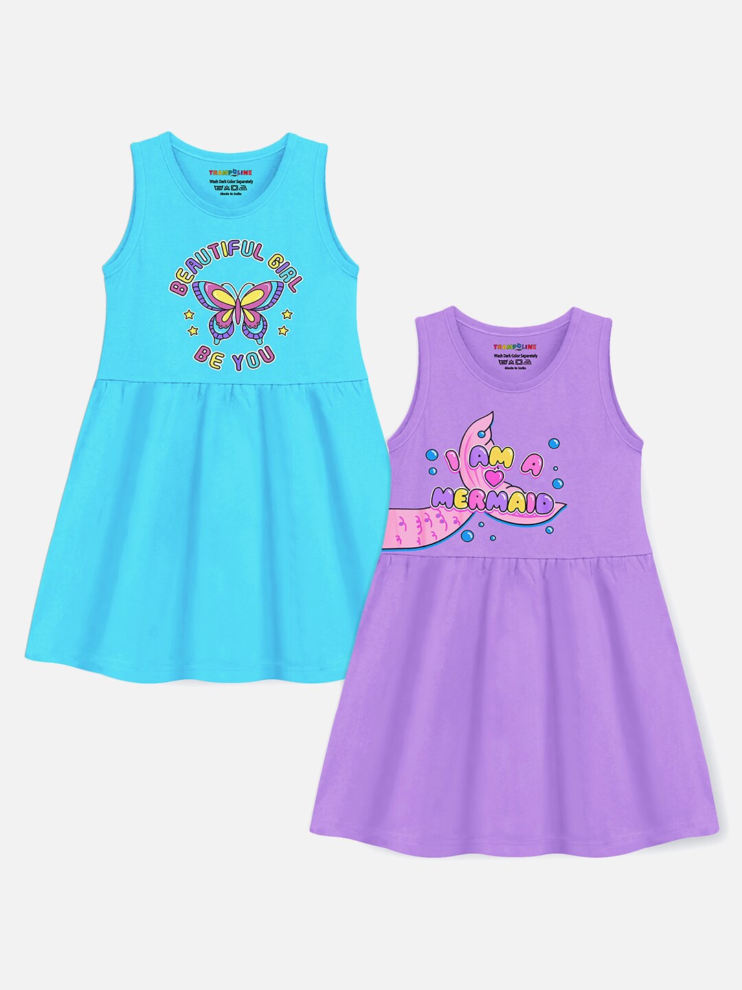 

Trampoline Girls Pack Of 2 Graphic Printed Sleeveless A-Line Cotton Dress, Blue