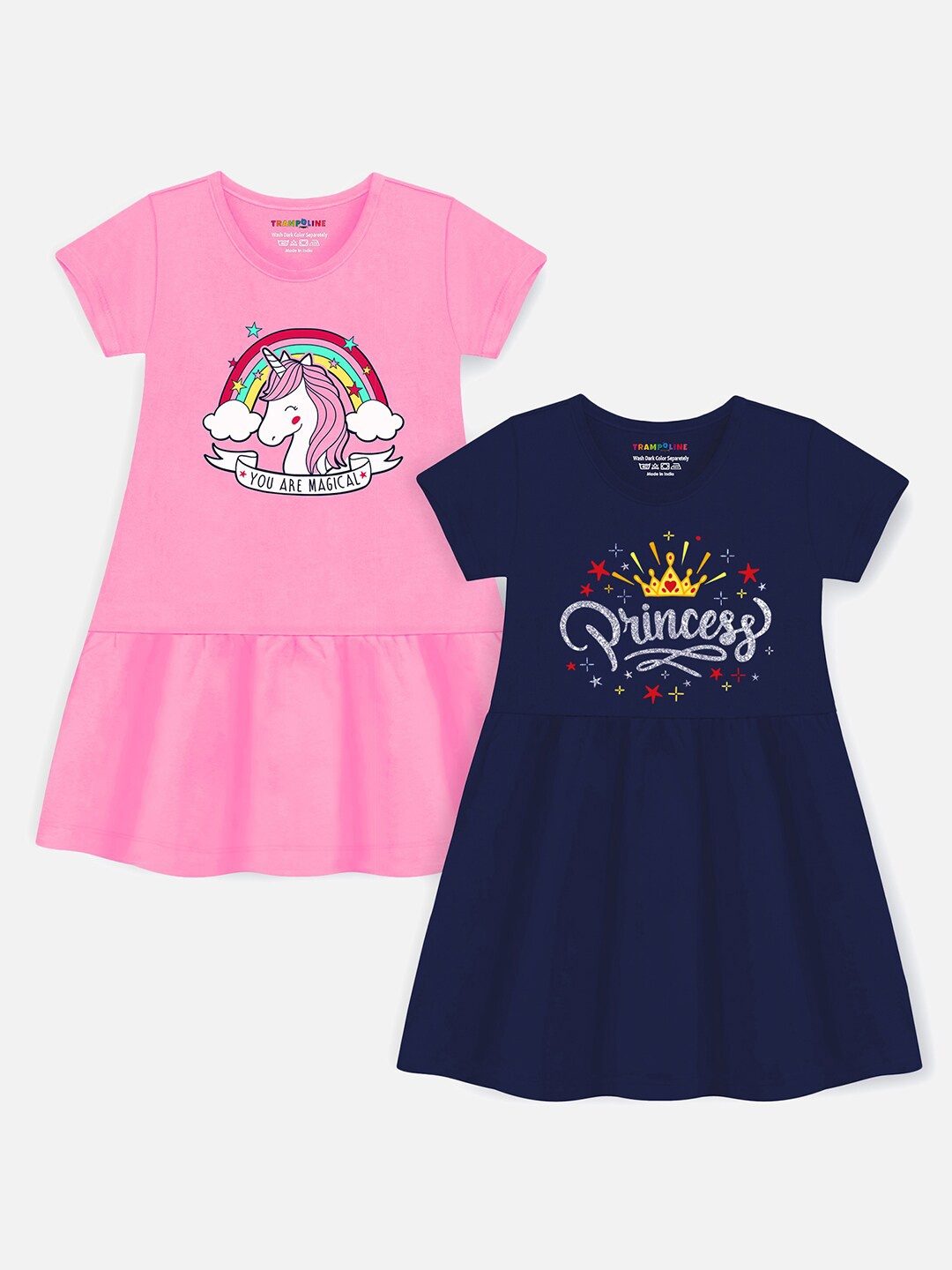 

Trampoline Girls Pack Of 2 Graphic Printed Cotton A-Line Dress, Blue