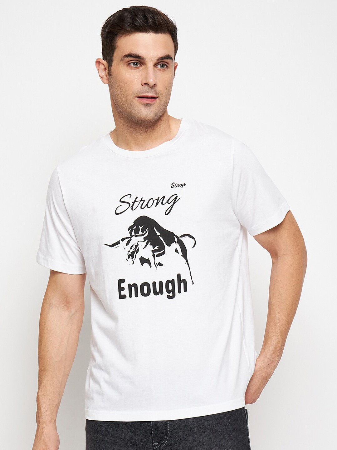 

STROP Typography Printed Pure Cotton Regular T-shirt, White