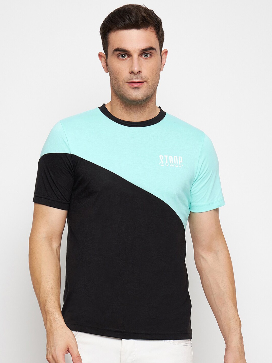 

STROP Colour Blocked Round Neck Pure Cotton Regular T-shirt, Black