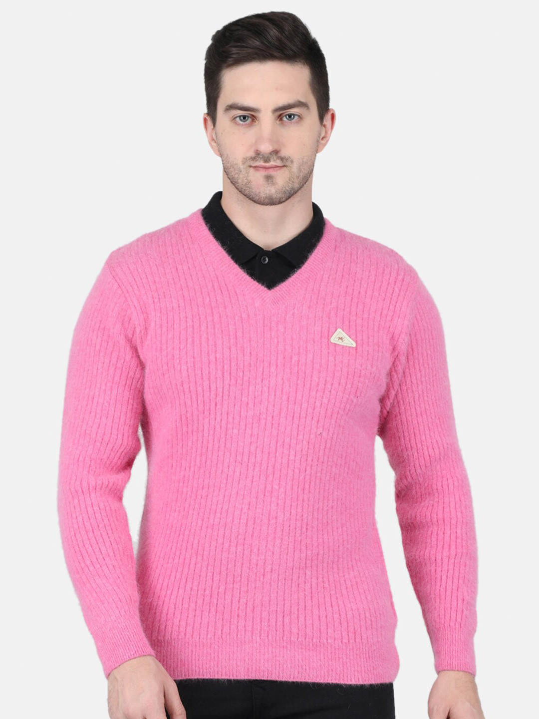 

Monte Carlo Striped V-Neck Ribbed Woollen Pullover, Pink