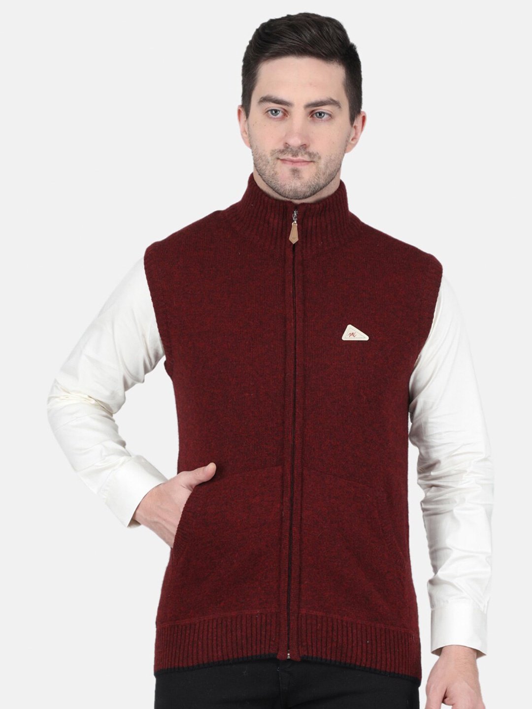 

Monte Carlo Turtle Neck Ribbed Woollen Front-Open Cardigan, Red