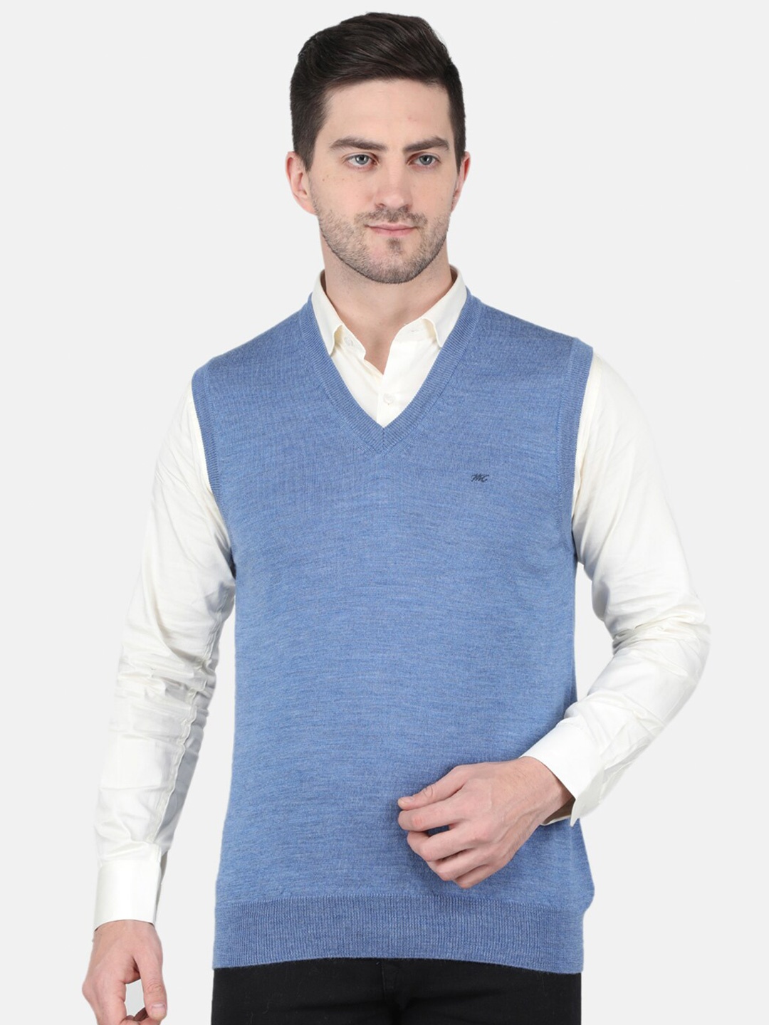 

Monte Carlo Sleeveless V-Neck Ribbed Woollen Sweater Vest, Blue