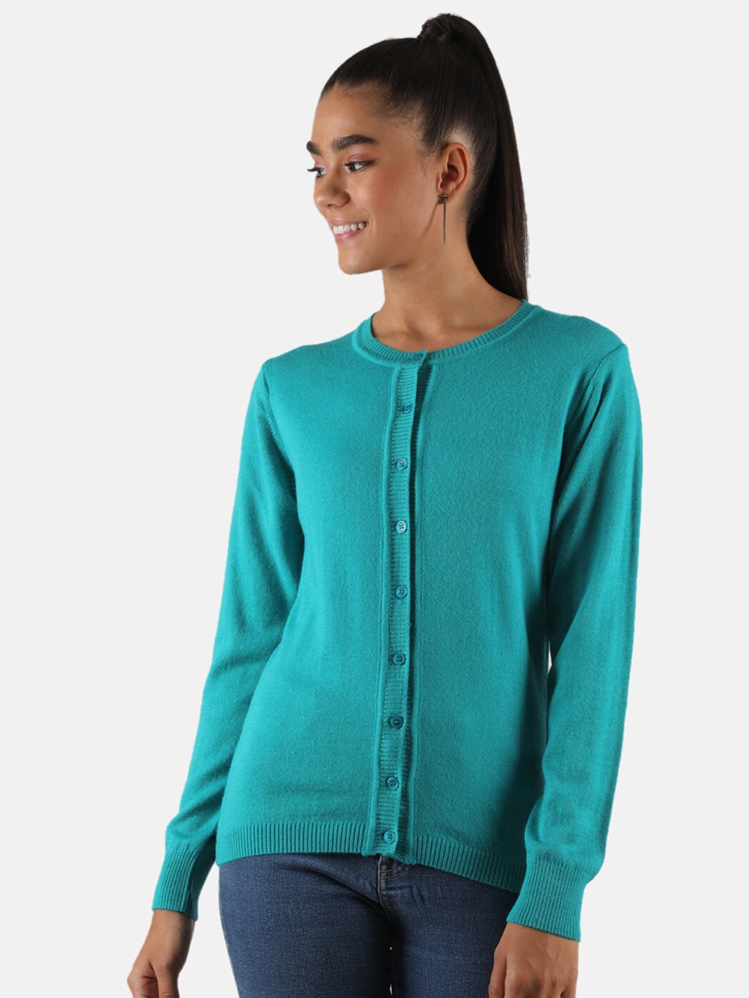 

Monte Carlo Round Neck Ribbed Woollen Cardigan, Green