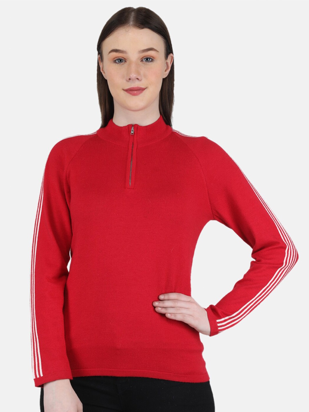 

Monte Carlo Mock Collar Long Sleeves Knitted Pullover, Red