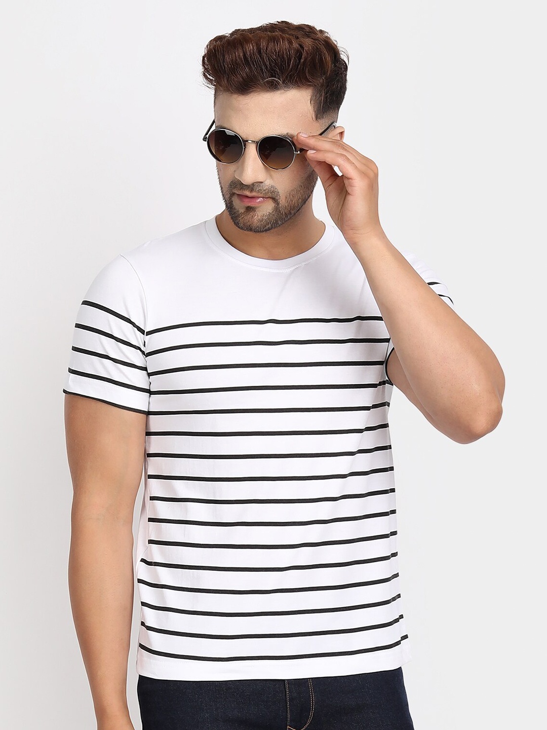 

jugular Striped Round Neck Pure Cotton T-Shirt, White