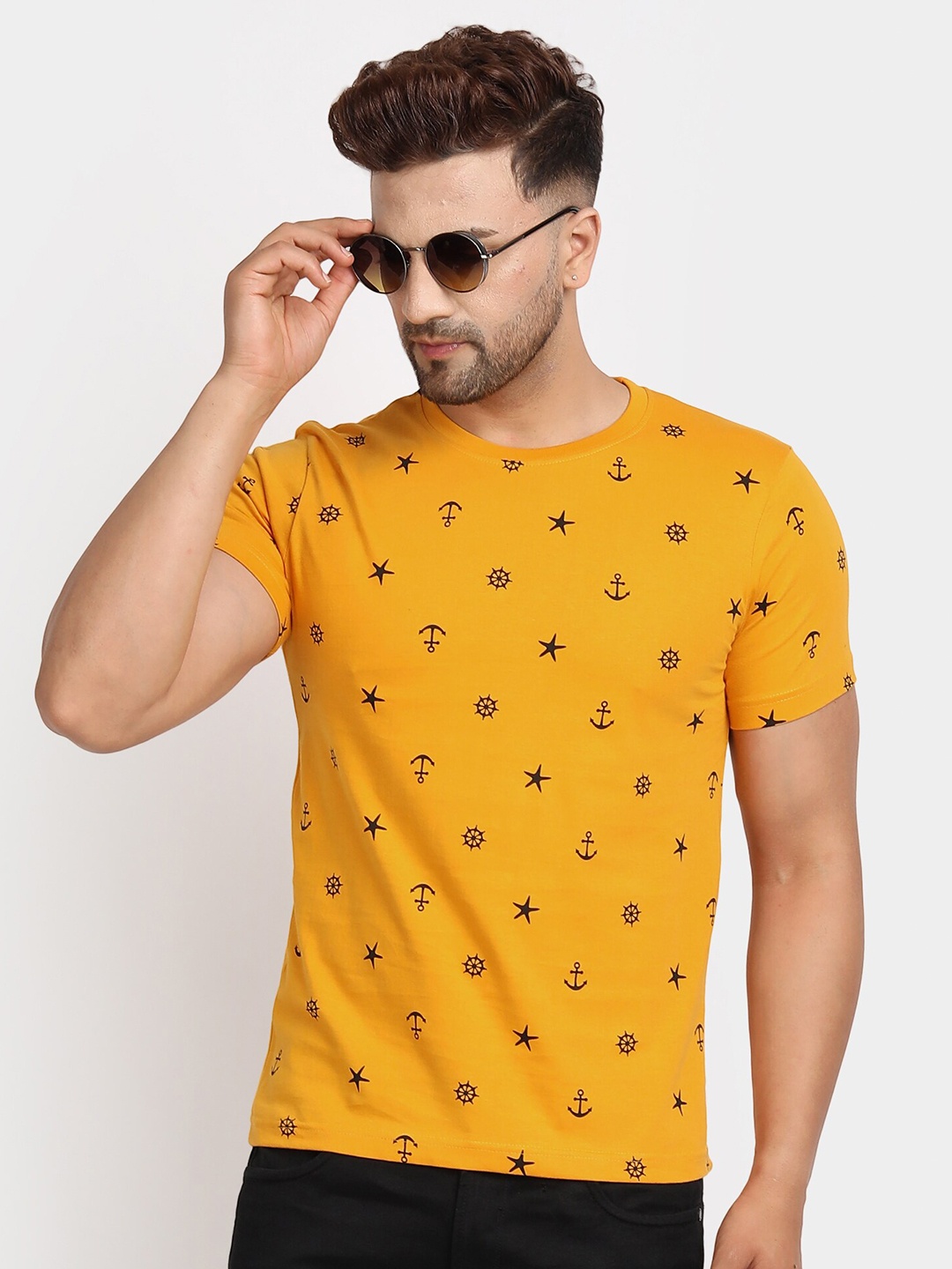 

jugular Conversational Printed Pure Cotton T-Shirt, Mustard