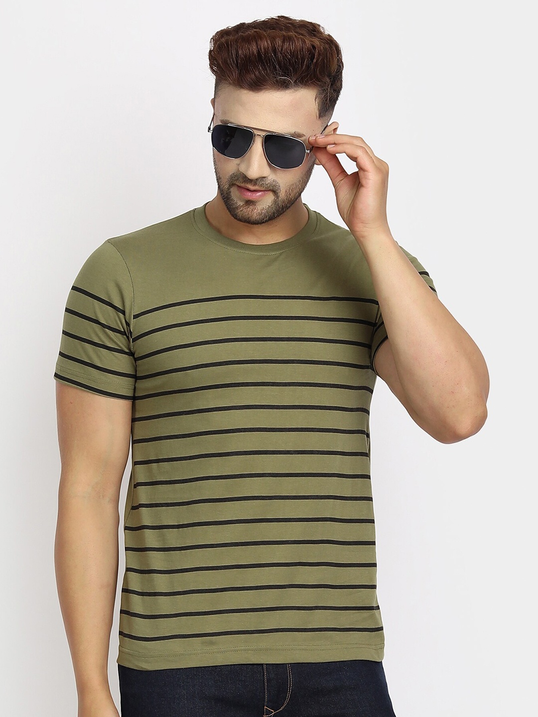 

jugular Striped Round Neck Pure Cotton T-shirt, Olive