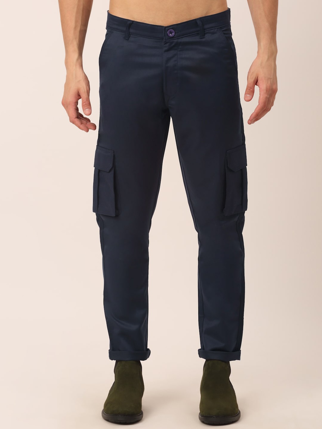 

JAINISH Men Smart Tapered Fit Easy Wash Pure Cotton Cargo Trousers, Navy blue