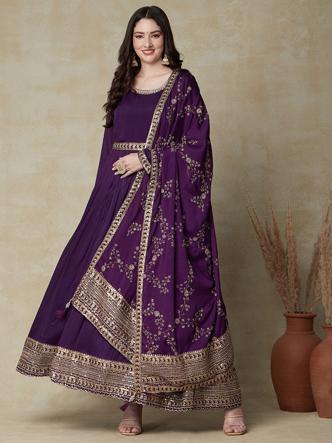 

Envy Me by FASHOR Embroidered Detailed Round Neck Silk Ethnic Dress With Dupatta, Purple