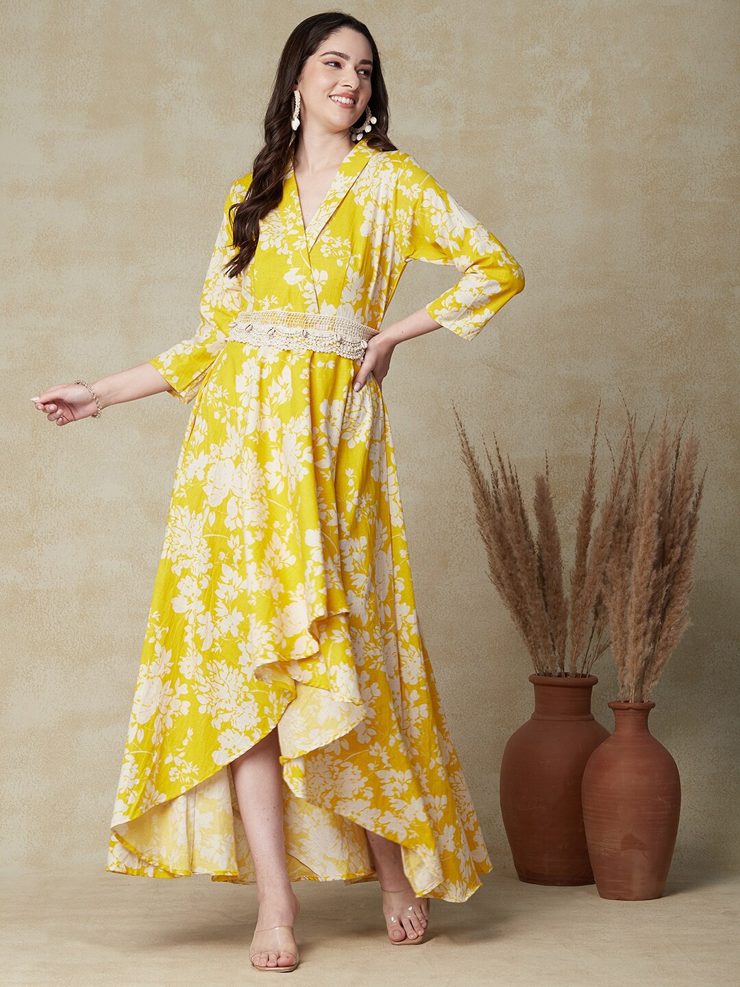

Envy Me by FASHOR Floral Printed Belt Detailed V-Neck Cotton Maxi Dress, Yellow