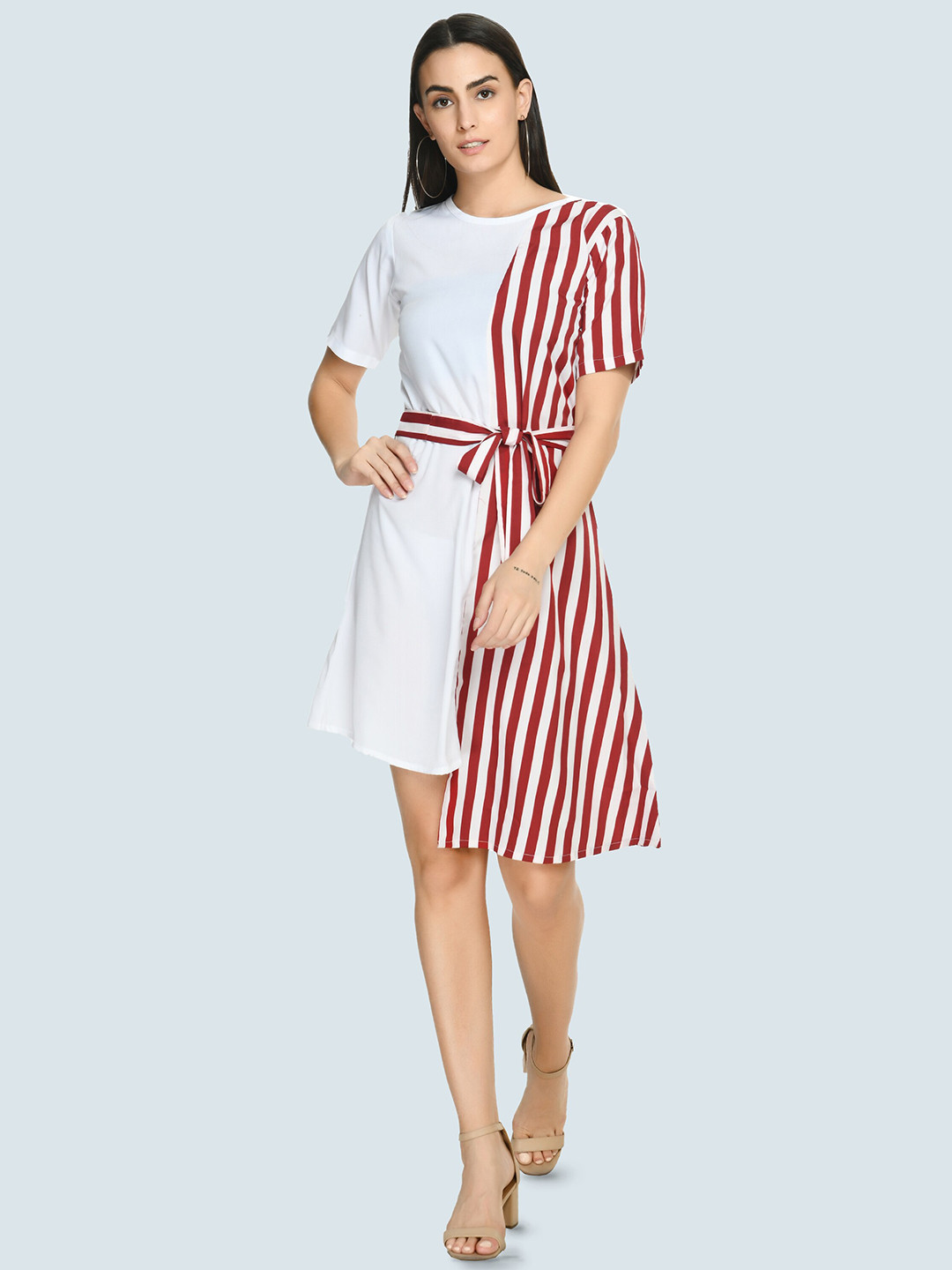 

ARPORA Striped Belted Detailed Round Neck A-Line Dress, Maroon