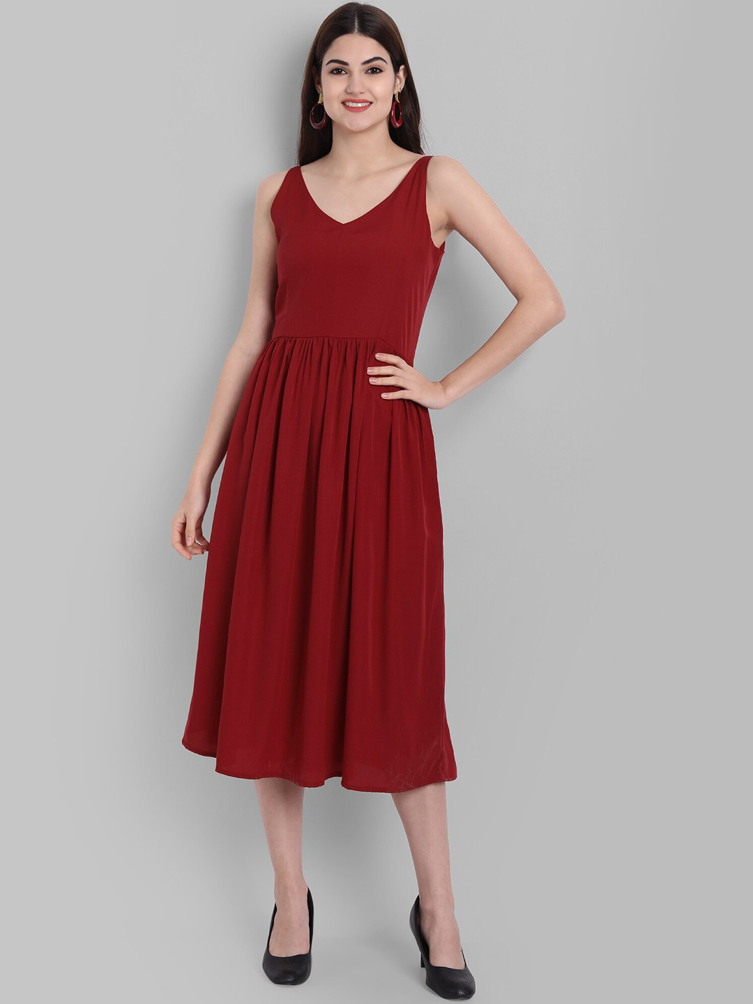 

ARPORA V-Neck Sleeveless Fit & Flare Midi Dress, Maroon