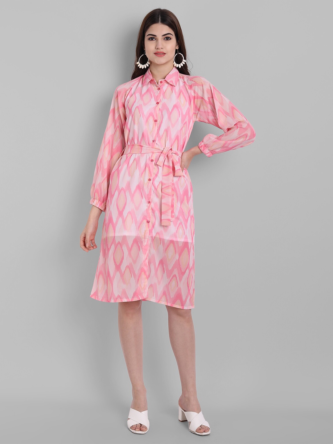 

ARPORA Geometric Printed Belted Detailed Shirt Collar Shirt Style Dress, Pink