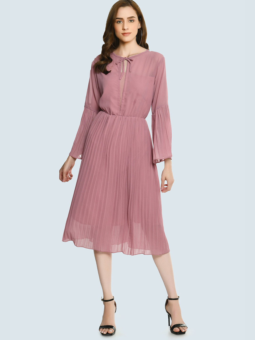 

ARPORA Tie-Up Neck Pleated Bell Sleeve Semi Sheer Fit & Flare Midi Dress, Pink