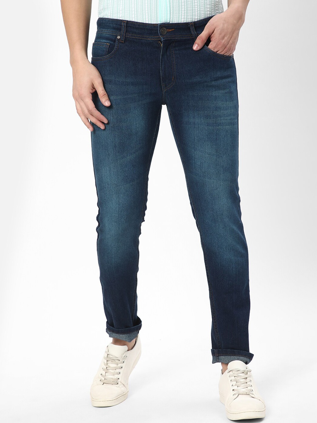 

R&B Slim Fit Clean Look Heavy Fade Mid Raise Non Stretchable Cotton Jeans, Blue