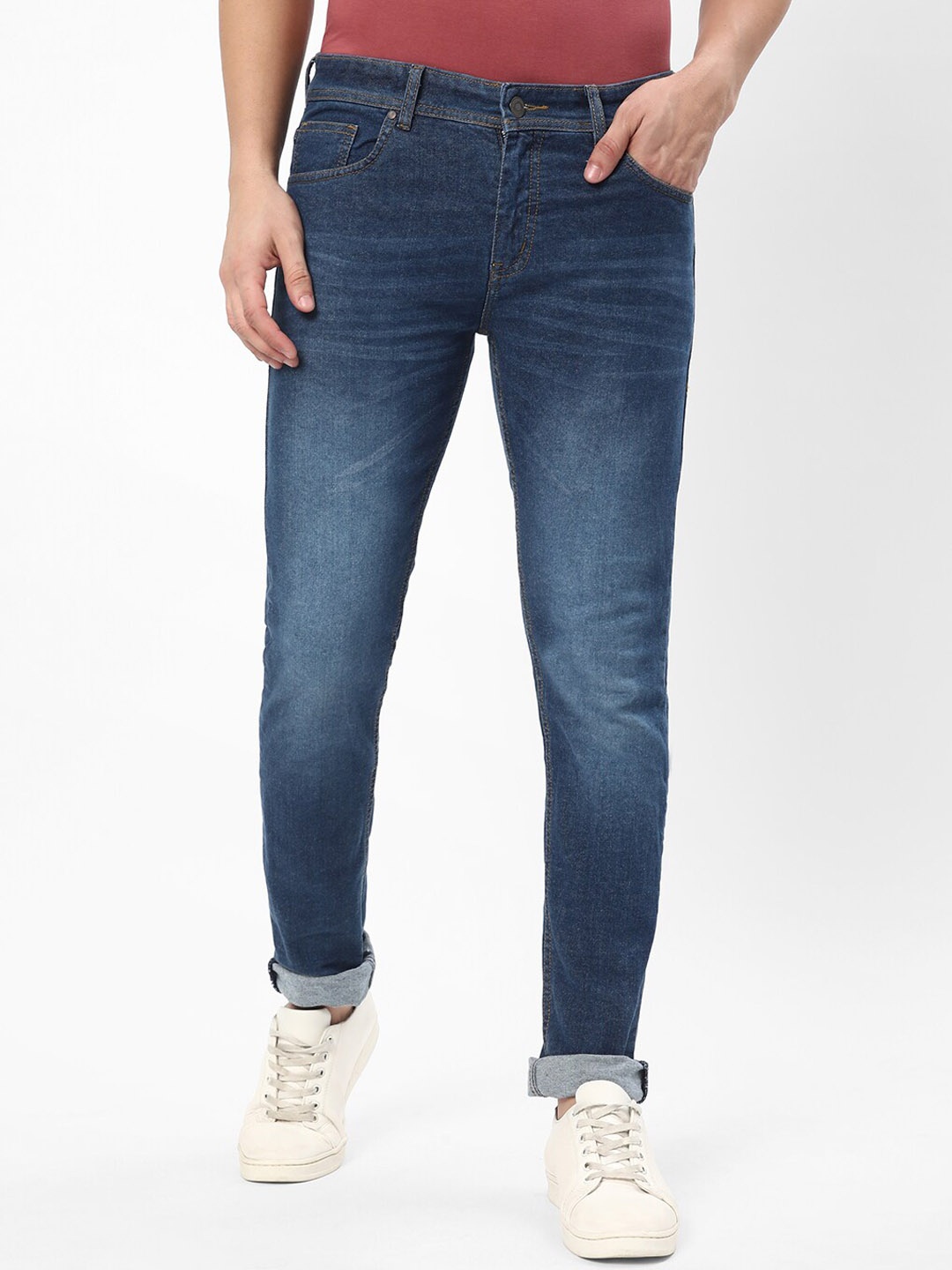 

R&B Slim Fit Clean Look Heavy Fade Mid Raise Non Stretchable Cotton Jeans, Blue
