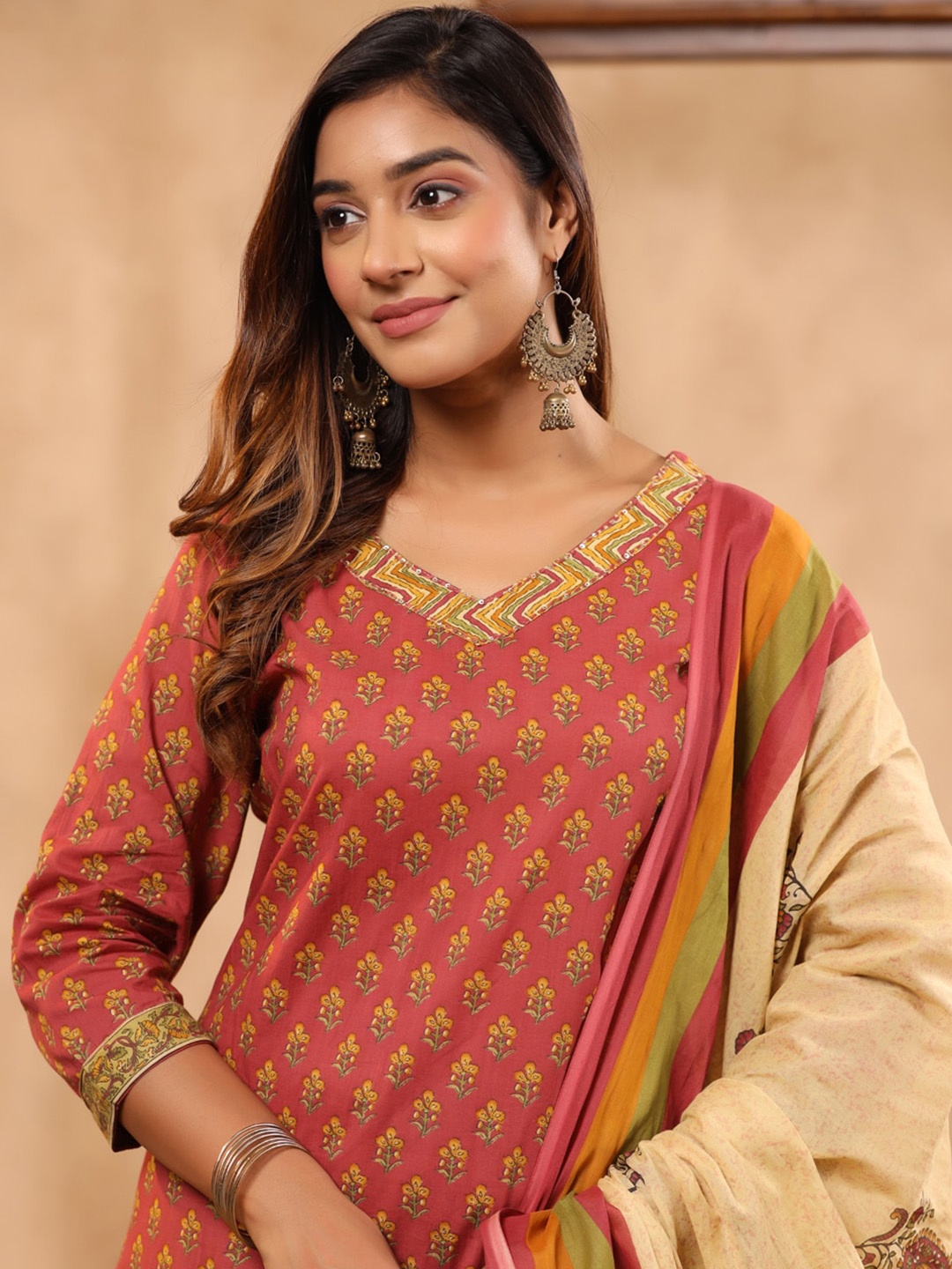 

Readiprint Women Ethnic Motifs Printed Pure Cotton Kurta with Salwar & Dupatta, Red