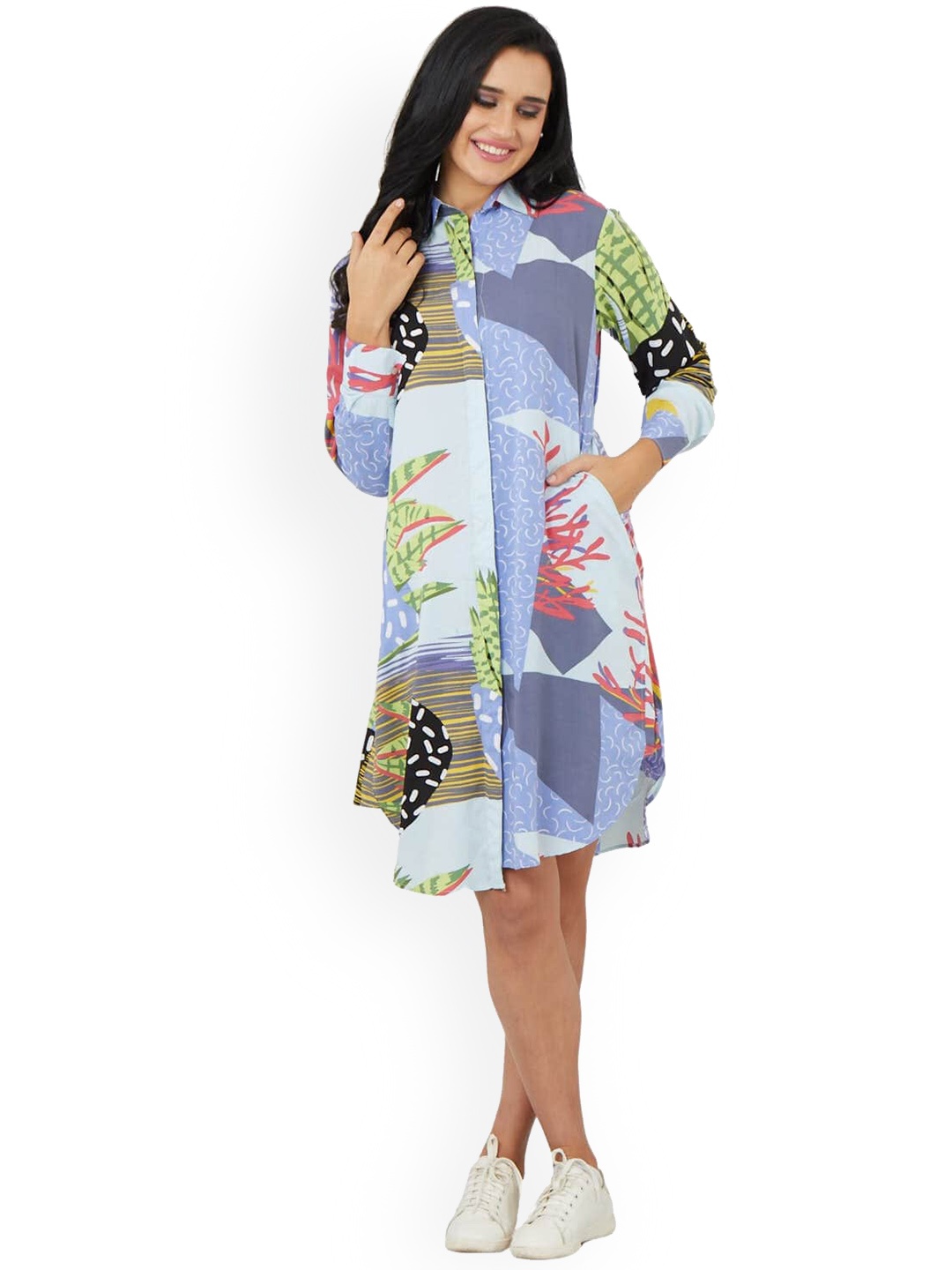 

ESTERIA Abstract Printed Shirt Collar High Low Viscose Rayon Shirt Dress, Blue