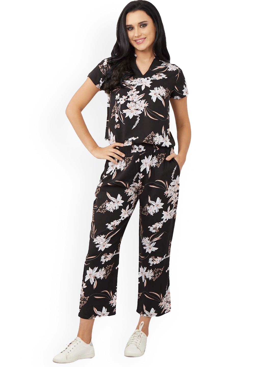 

ESTERIA Floral Printed Top With Trousers Co-Ords, Black