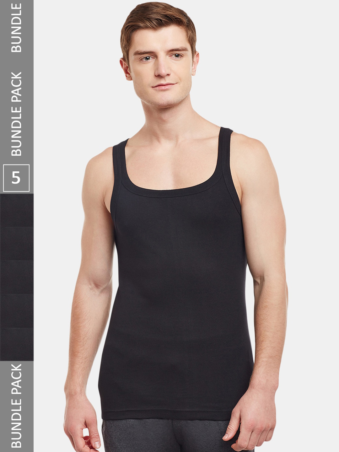 

BODYX Pack Of 5 Round Neck Cotton Innerwear Vests, Black