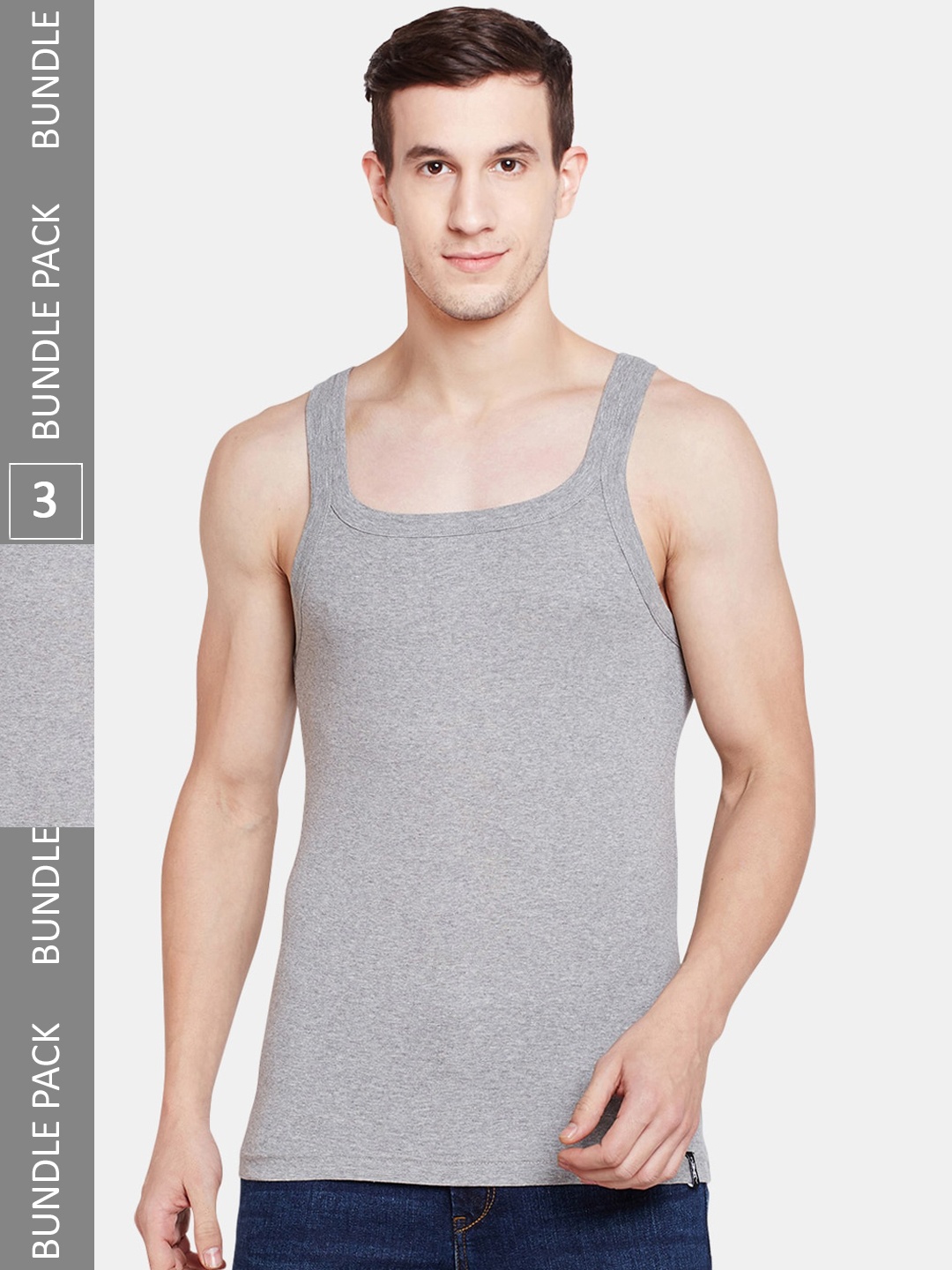 

BODYX Pack Of 3 Round Neck Pure Cotton Innerwear Vests, Grey melange