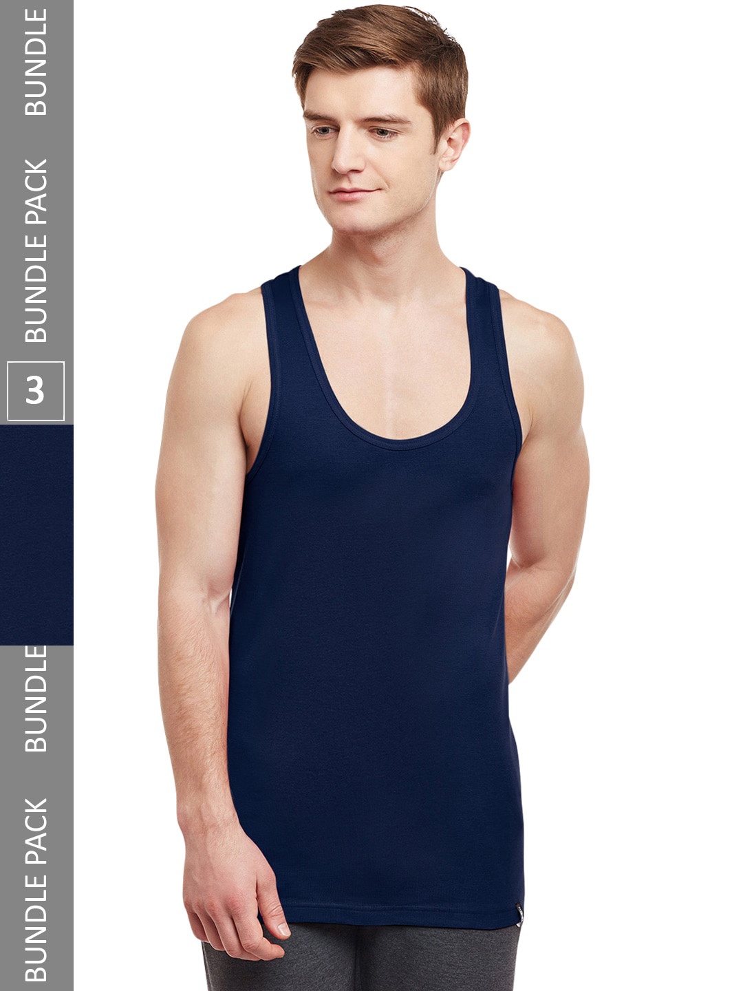 

BODYX Pack Of 3 Sleeveless Pure Cotton Innerwear Vests, Navy blue