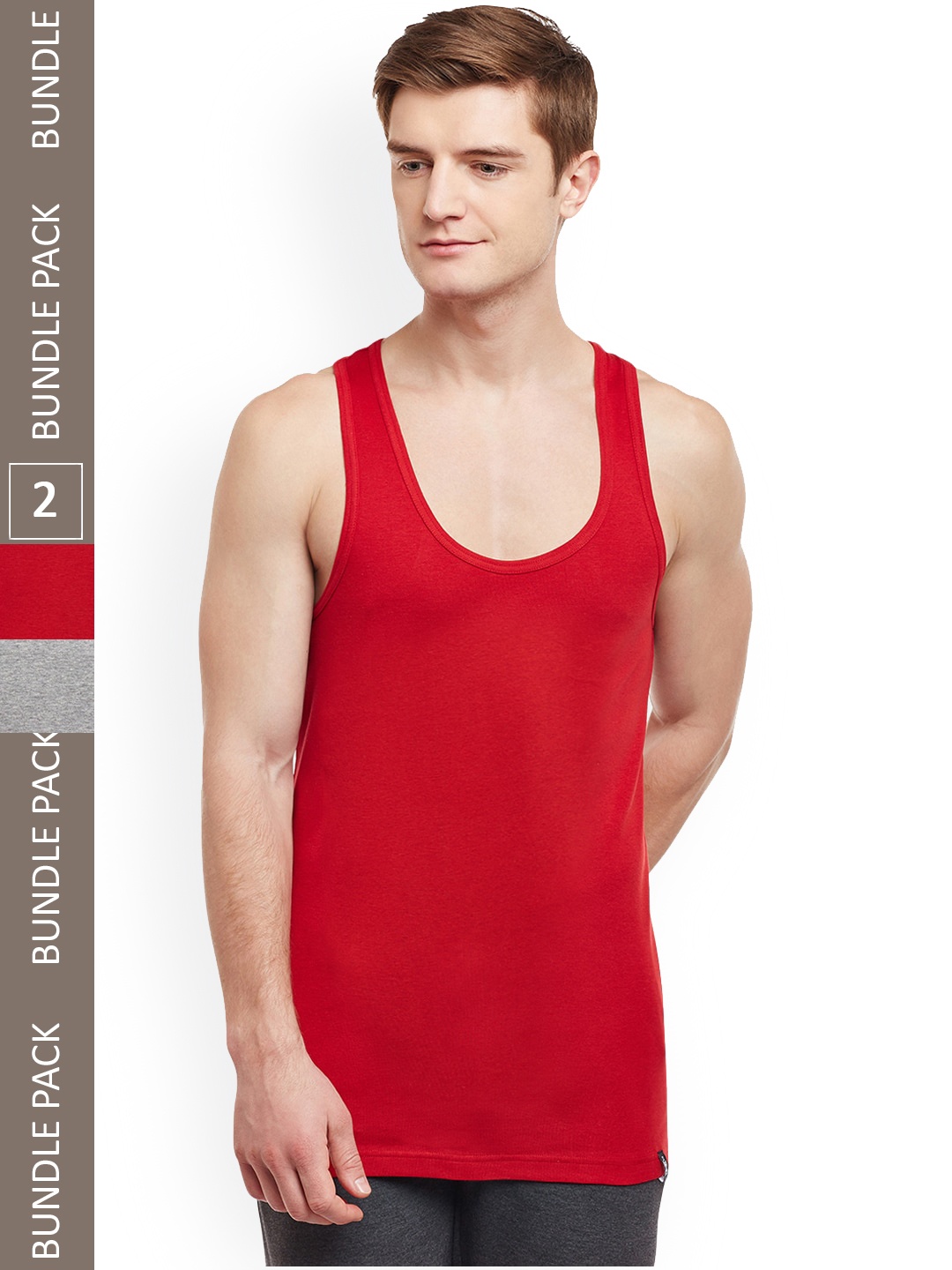 

BODYX Pack Of 2 Round Neck Pure Cotton Innerwear Vests BX213-REGR-PO2-80, Grey