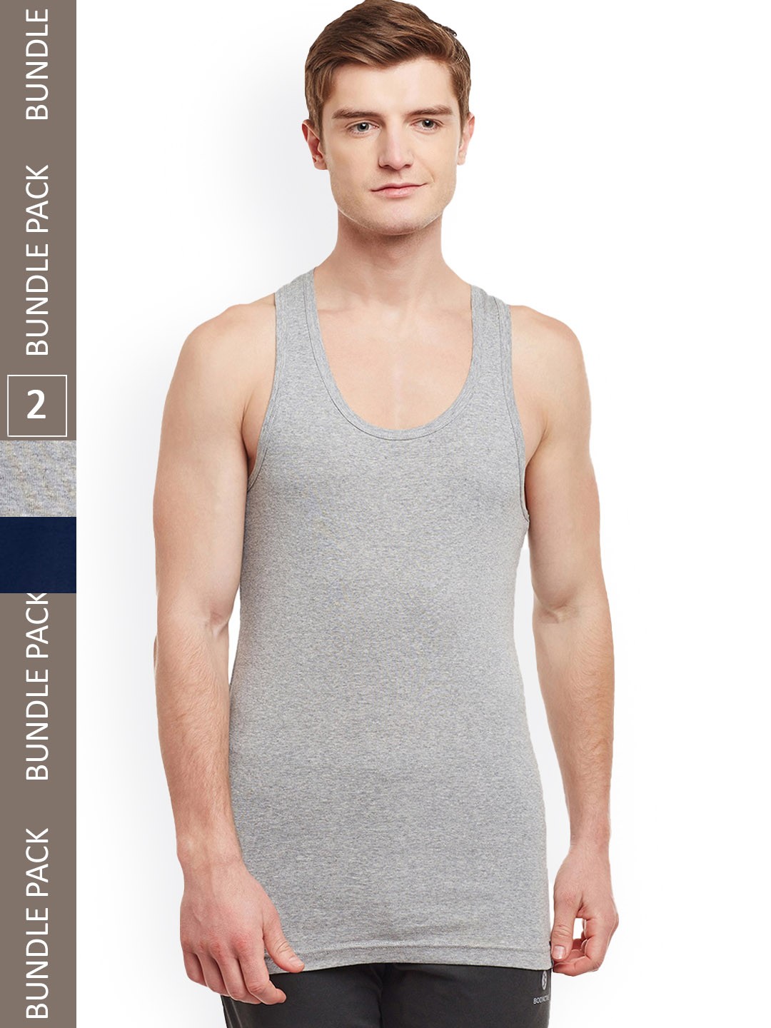 

BODYX Pack Of 2 Round Neck Pure Cotton Gym Innerwear Vests BX213-NVYGR-PO2-95, Navy blue