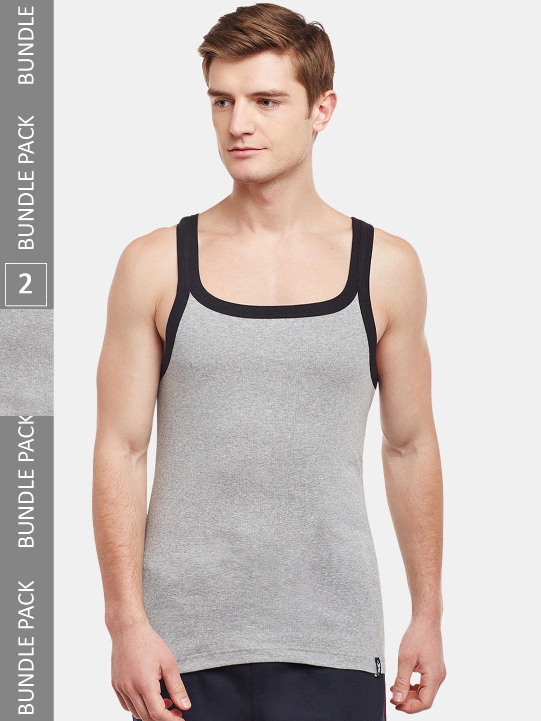 

BODYX Pack Of 2 Round Neck Cotton Gym Innerwear Vests BX212-GMBLK-PO2-80, Grey
