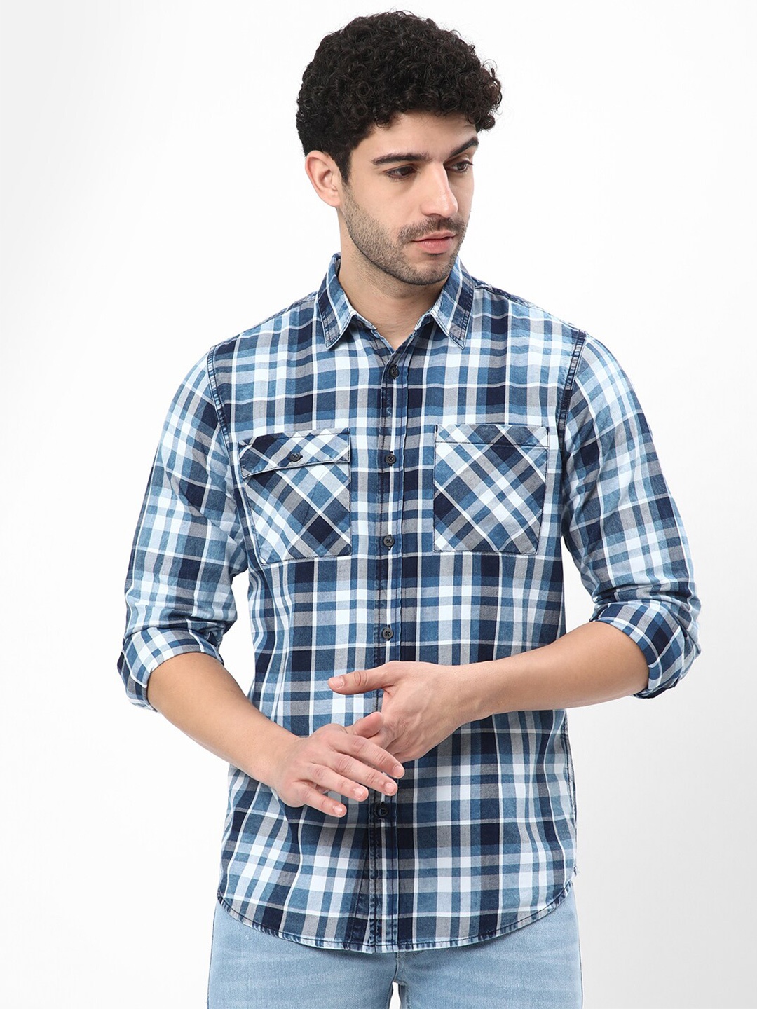 

R&B Tartan Checked Cotton Opaque Casual Shirt, Blue