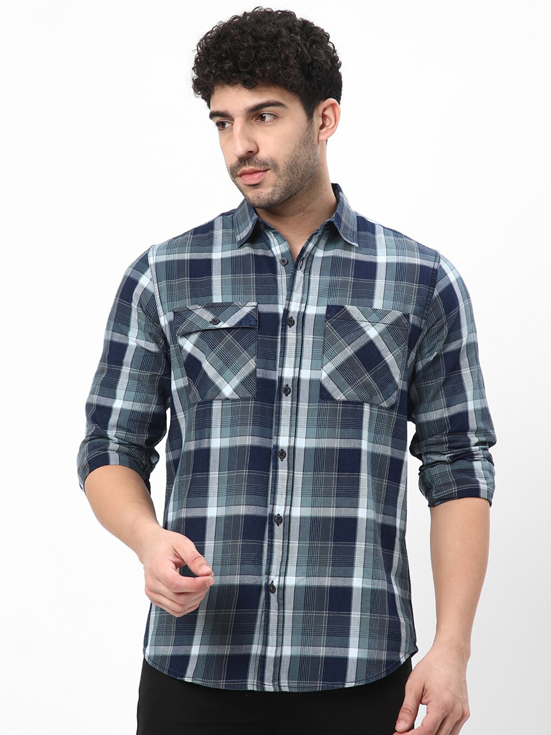 

R&B Tartan Checked Cotton Casual Shirt, Blue