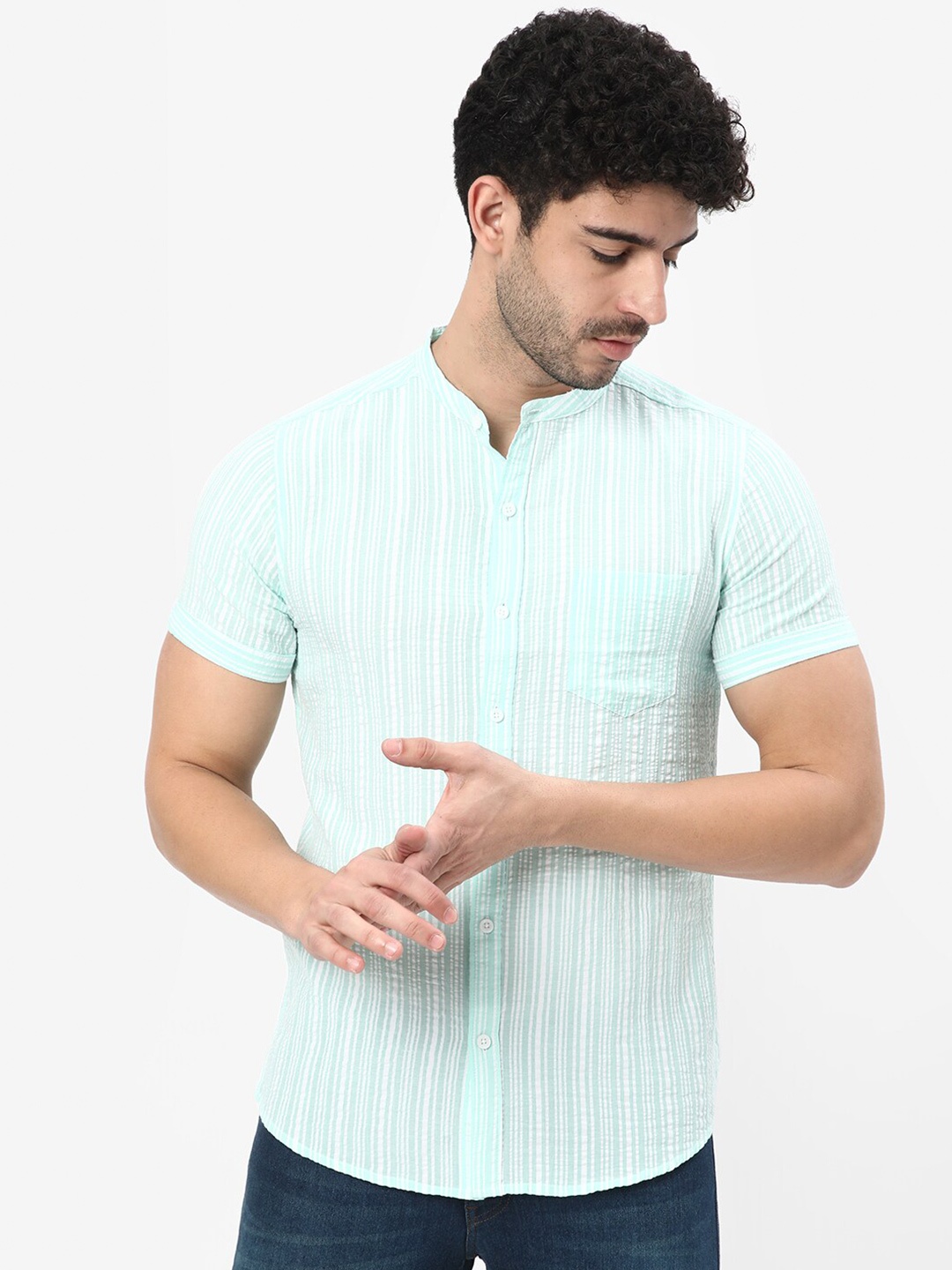 

R&B Striped Band Collar Cotton Casual Shirt, Green