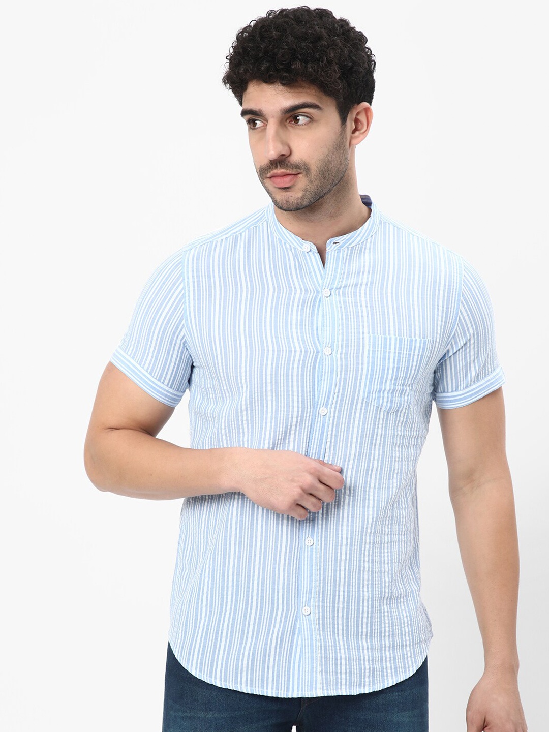 

R&B Striped Band Collar Cotton Casual Shirt, Blue