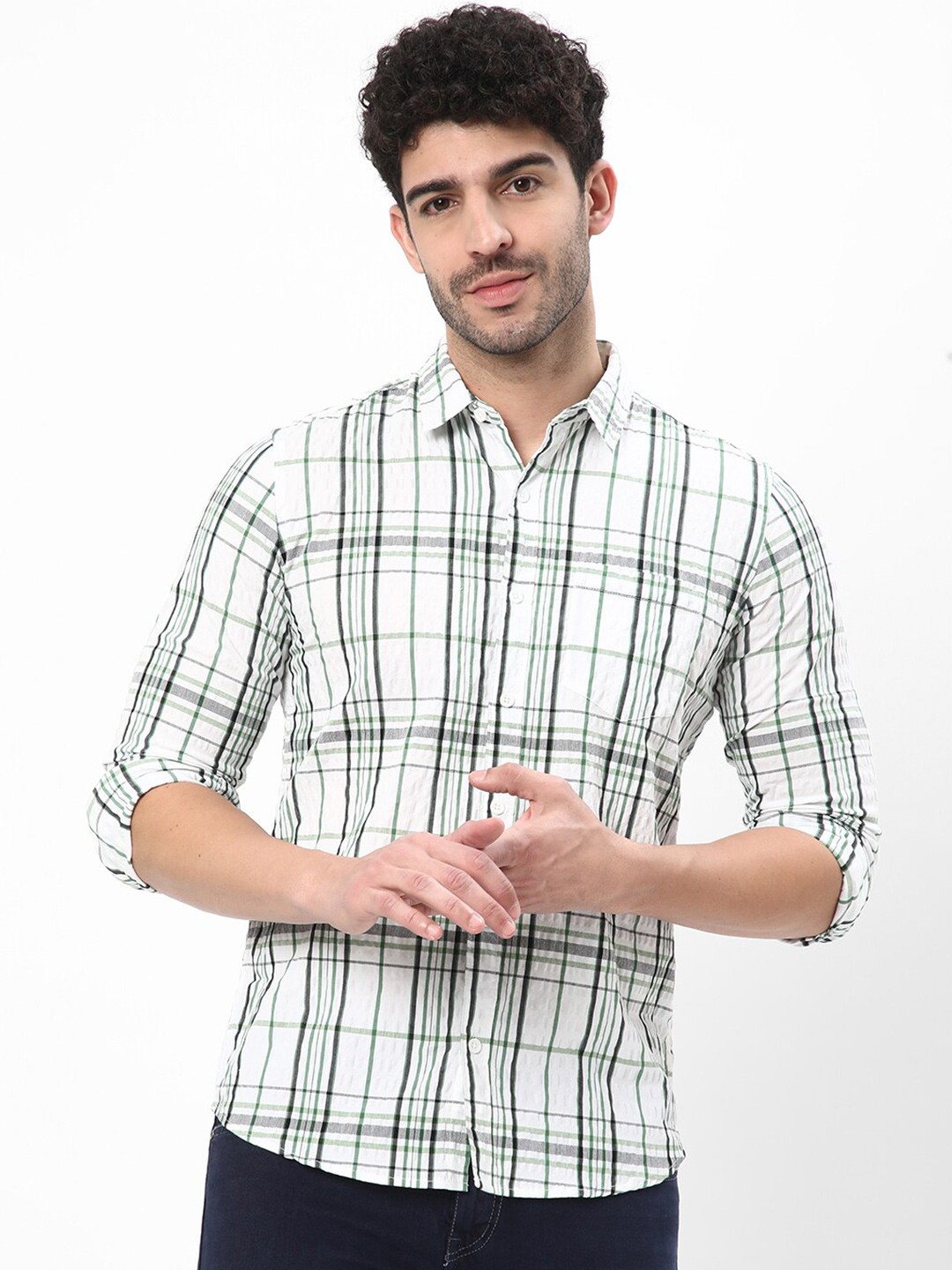 

R&B Tartan Checked Cotton Casual Shirt, White
