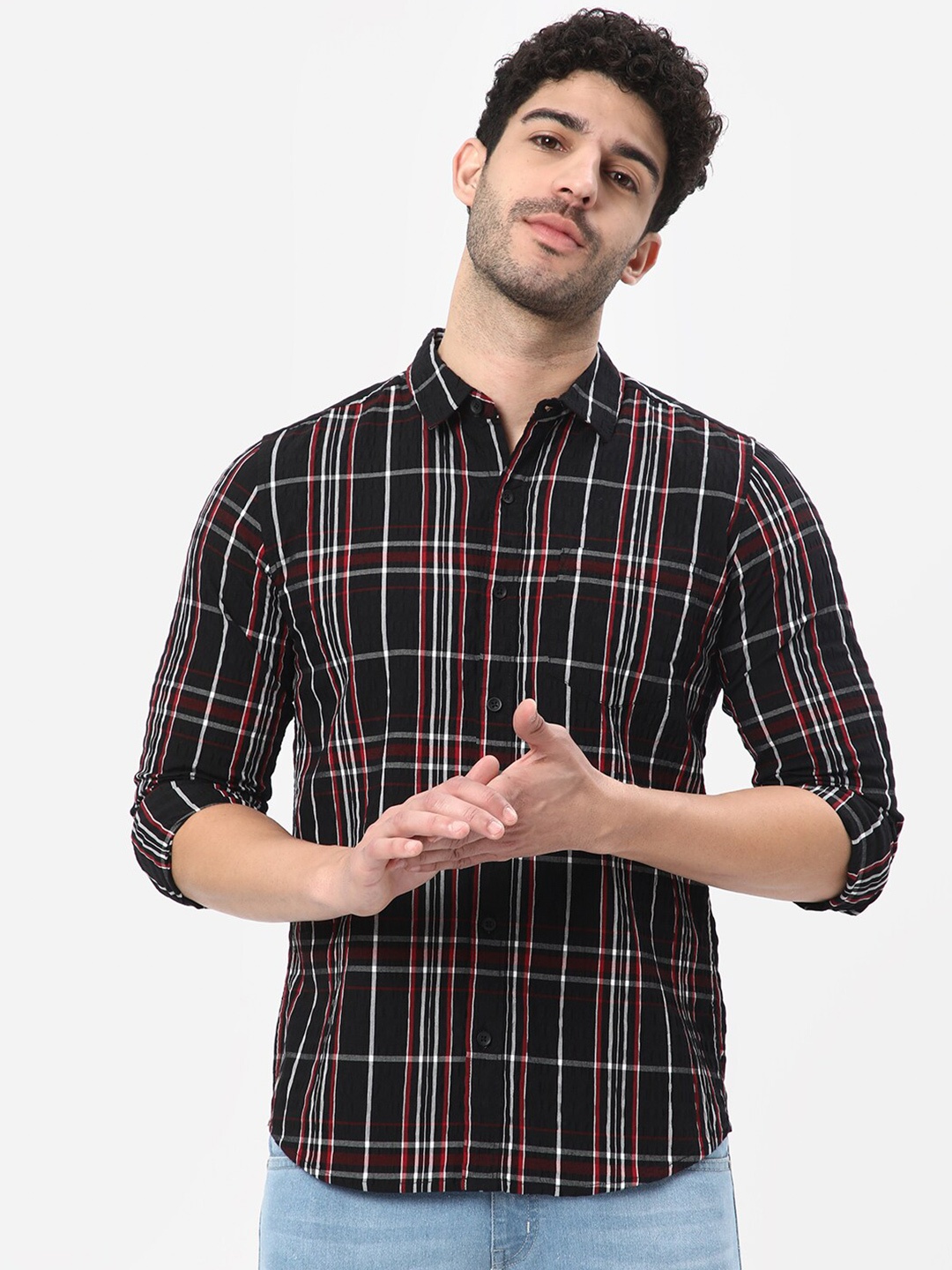 

R&B Tartan Checked Cotton Casual Shirt, Navy blue
