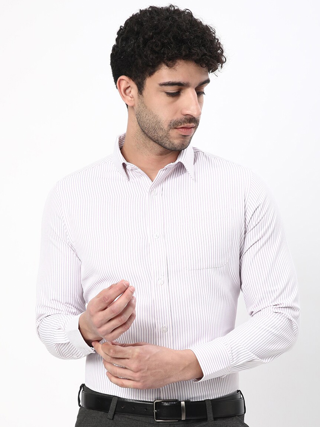 

R&B Striped Spread Collar Cotton Formal Shirt, White