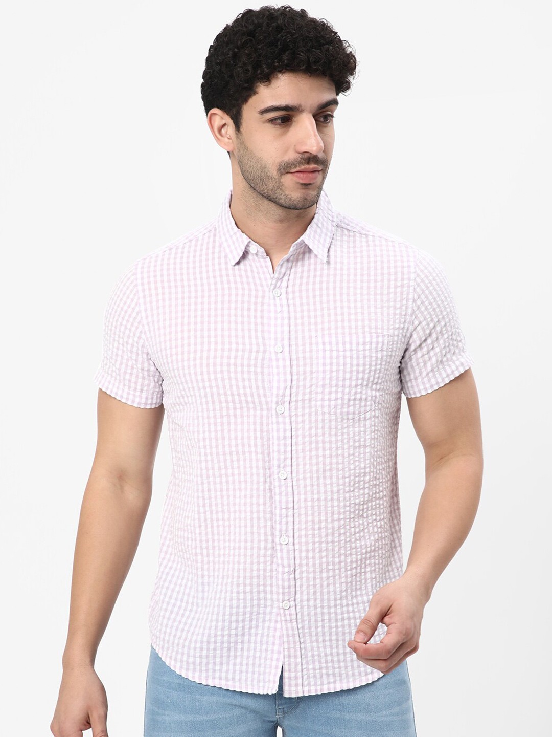 

R&B Micro Checks Spread Collar Cotton Casual Shirt, Purple