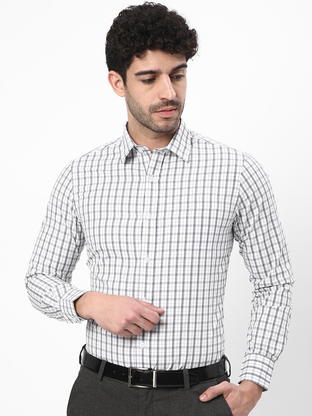 

R&B Micro Checks Spread Collar Cotton Formal Shirt, White