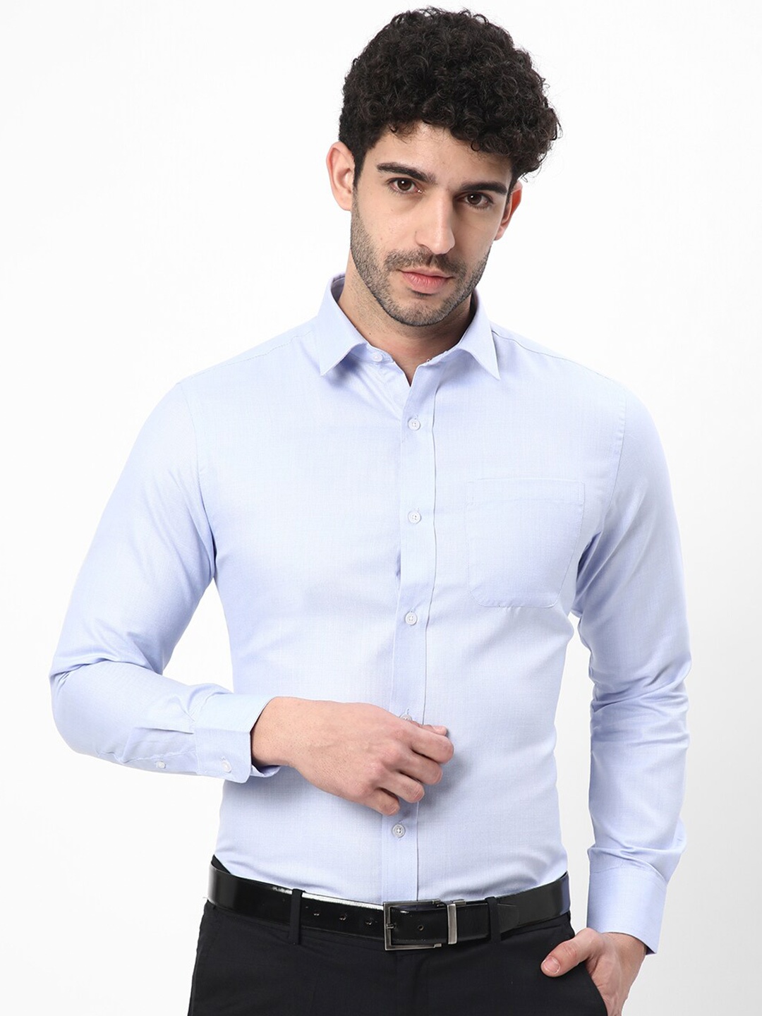 

R&B Textured Spread Collar Cotton Formal Shirt, Blue