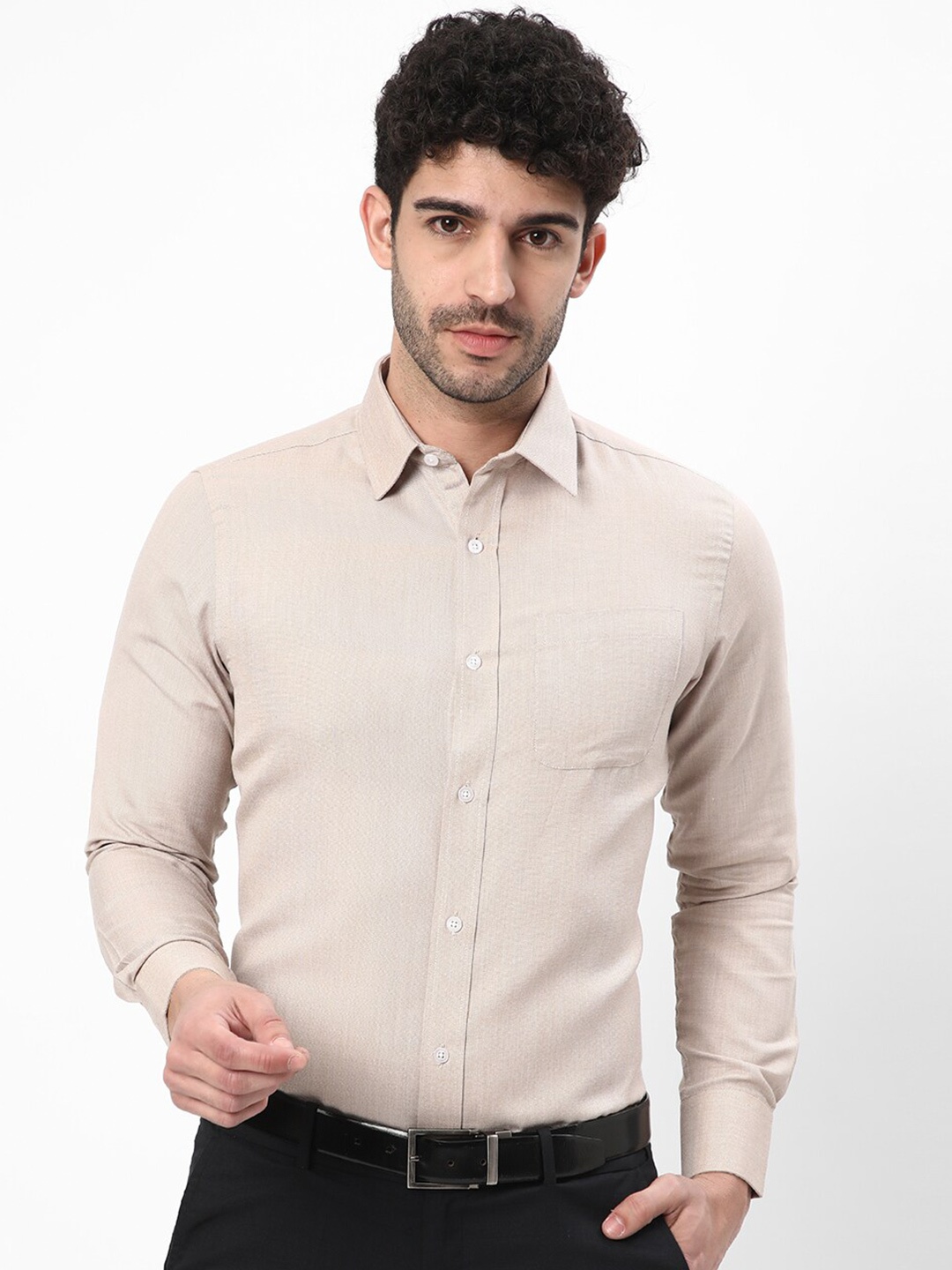 

R&B Textured Spread Collar Cotton Formal Shirt, Beige