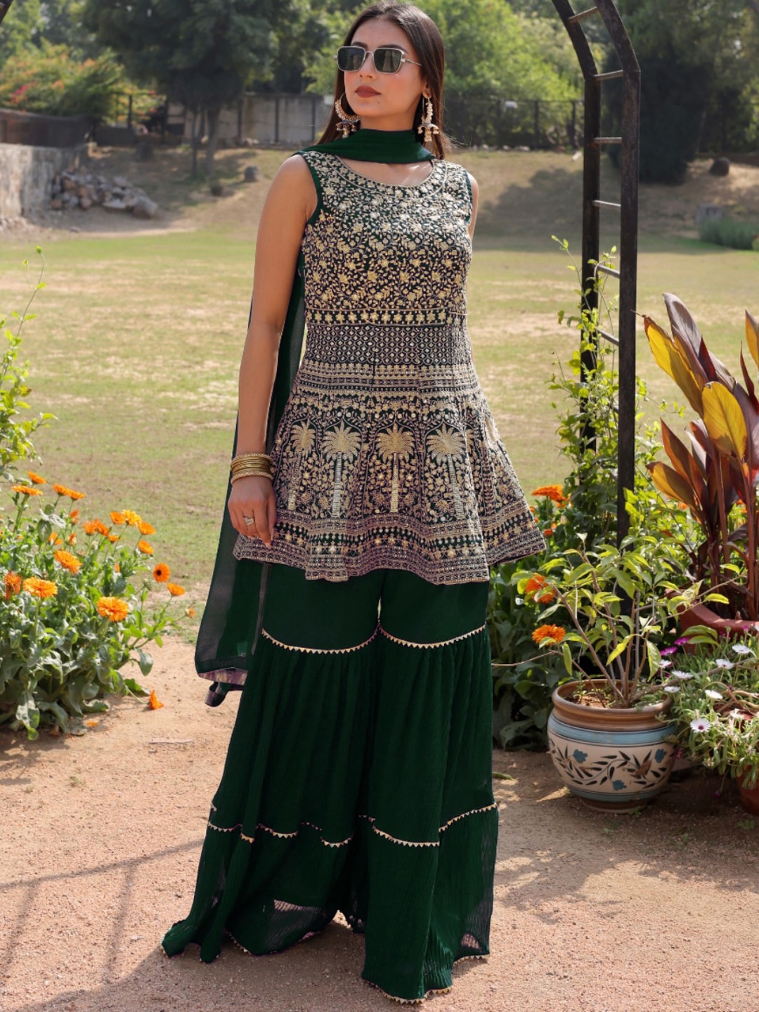 

Chhabra 555 Floral Embroidered A-Line Kurti With Sharara & Dupatta, Green