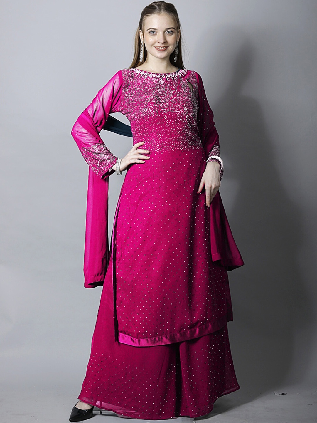 

Chhabra 555 Embroidered Round Neck Regular Kurta With Flared Palazzo & Dupatta, Magenta